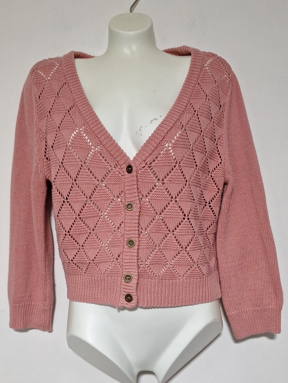 Modcloth Dusty Rose Cropped  Openwork V-Neck Button Cardigan 3/4 Sleeves